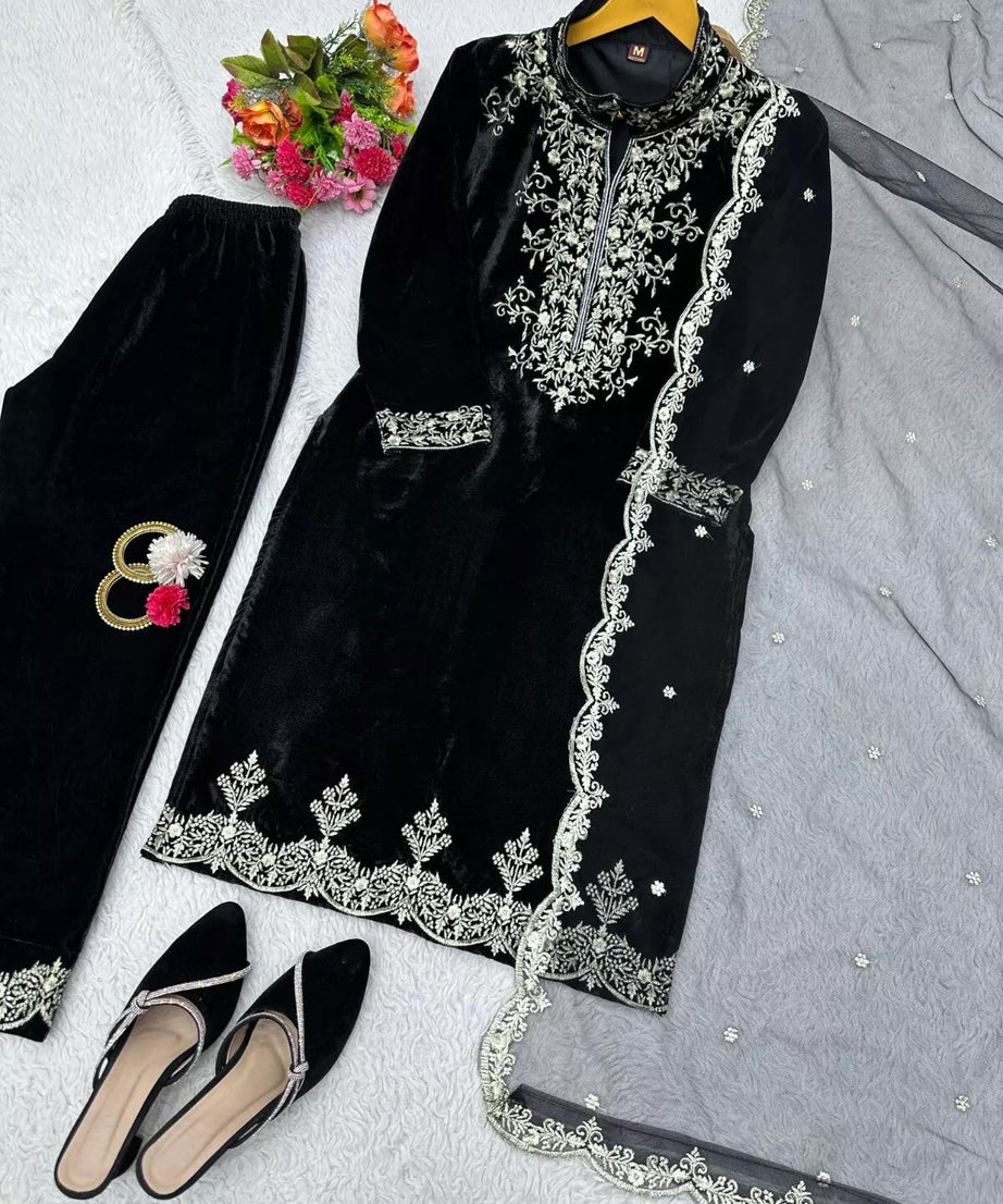 Velvet Fabric Sequence Work Top & Pant Dupatta
