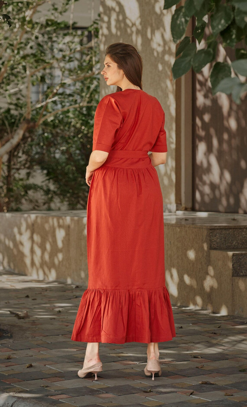 Linen V- Neck half Sleeve With Adjustable Maxi Dress