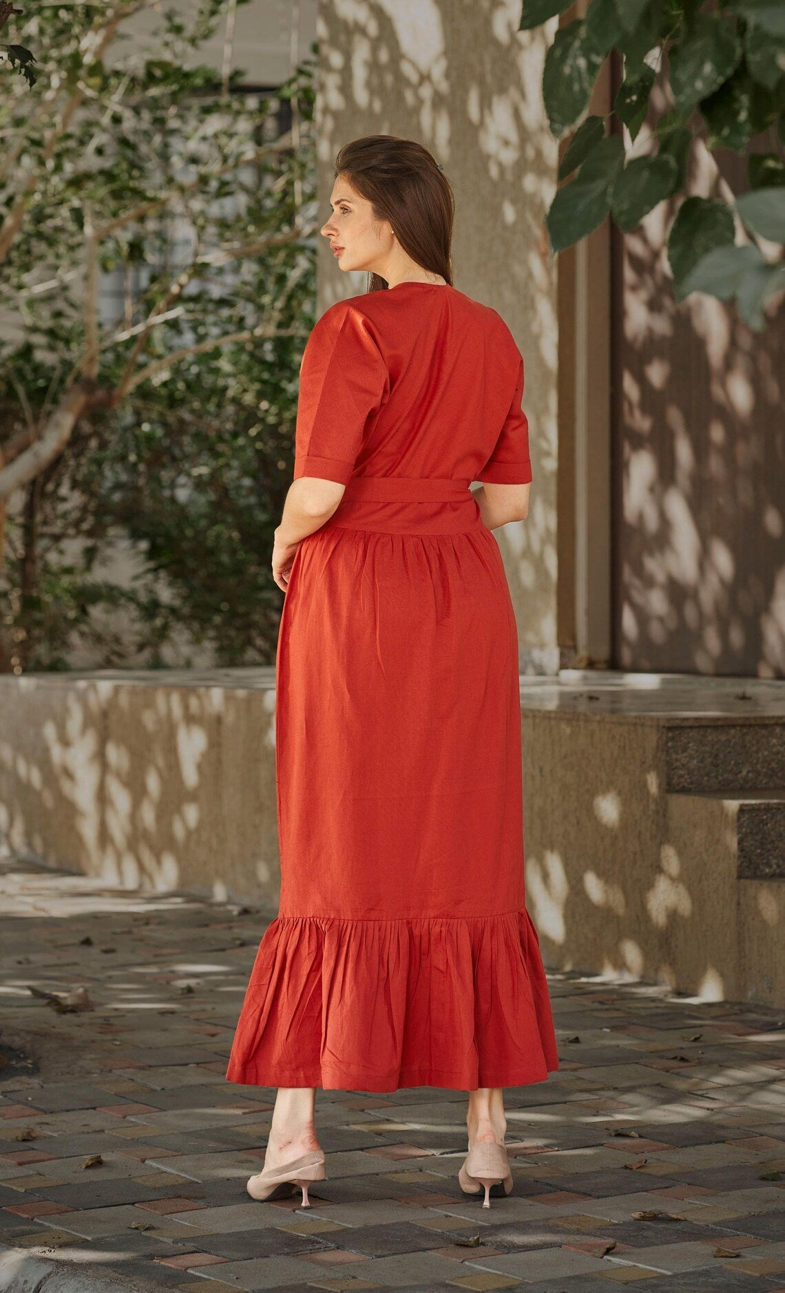 Linen V- Neck half Sleeve With Adjustable Maxi Dress