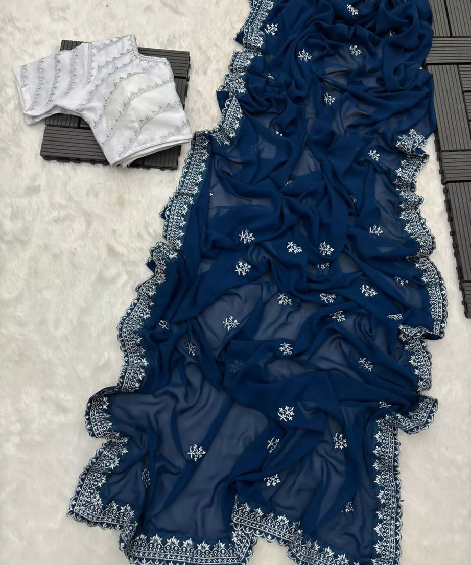 Georgette Saree With Stitched Blouse,Wedding Style Sari & Blouse