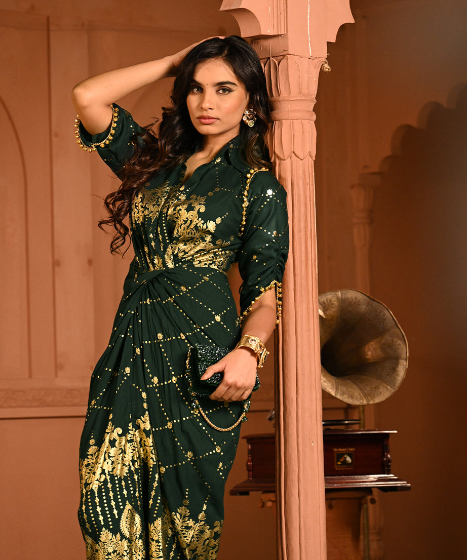Designer Green Gold Embroidery Kaftan Dress for Women – Elegant Cocktail Party & Ethnic Fusion Wear