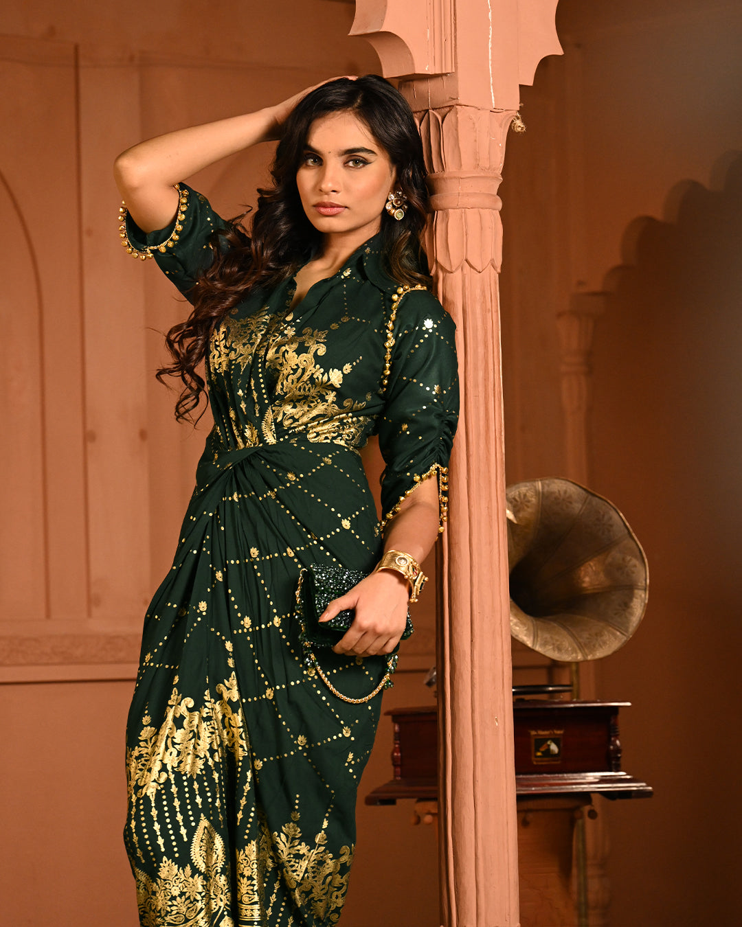 Designer Green Gold Embroidery Kaftan Dress for Women – Elegant Cocktail Party & Ethnic Fusion Wear