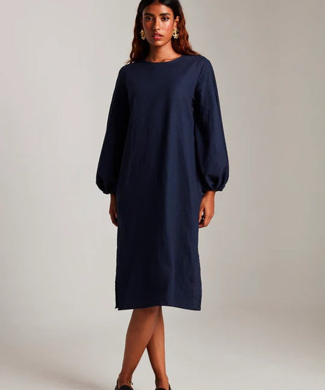 Navy Co-Linen Balloon Sleeves Dress