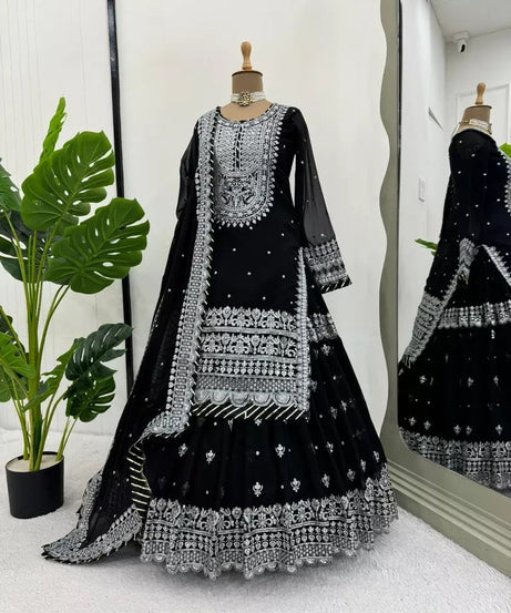 Bollywood Style Faux Georgette Top Sharara With Dupatta