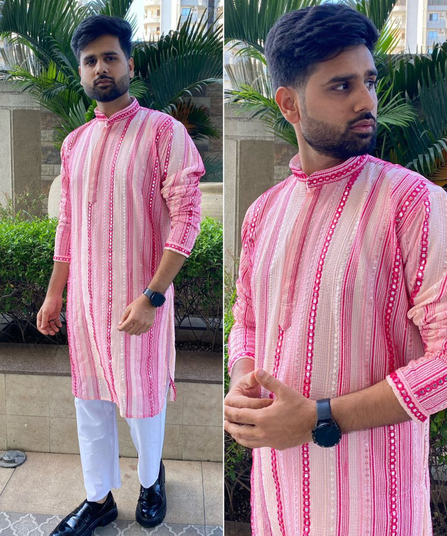 Men\s Heavy Georgette With Heavy Embroidery Work Kurta Pajama Set