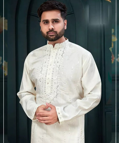Classic Beautiful Exclusive Stitched 14 Kg Roman Silk Kurta Pajama For Mens