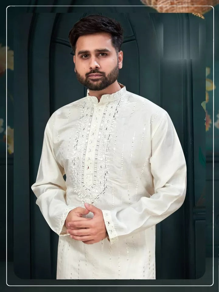 Classic Beautiful Exclusive Stitched 14 Kg Roman Silk Kurta Pajama For Mens