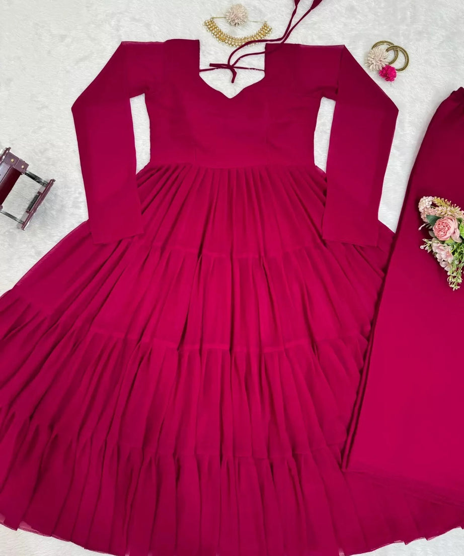 Stitched Faux Georgette Ruffle Style Anarkali Top Pant