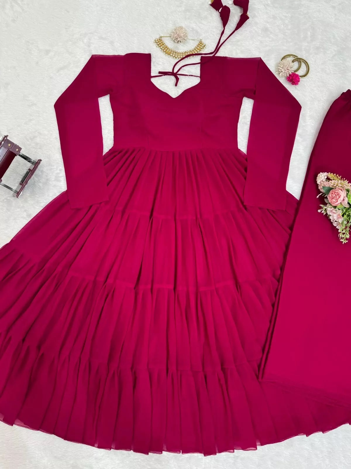 Stitched Faux Georgette Ruffle Style Anarkali Top Pant