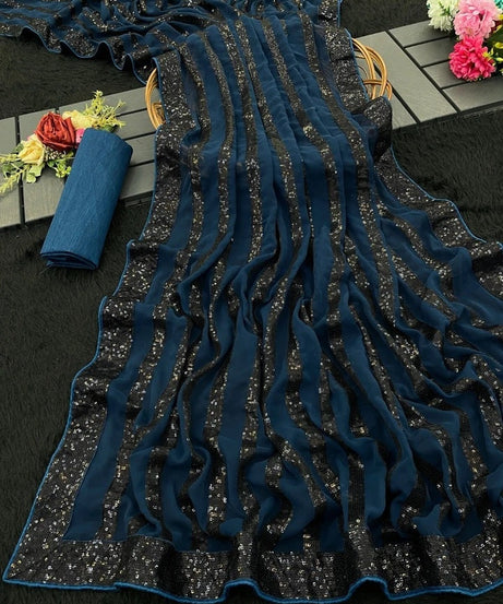 Party Wear Georgette With Embroidery Sequence Work Saree With Blouse