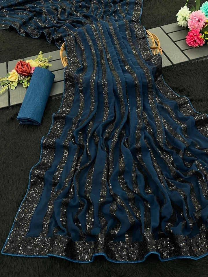 Party Wear Georgette With Embroidery Sequence Work Saree With Blouse