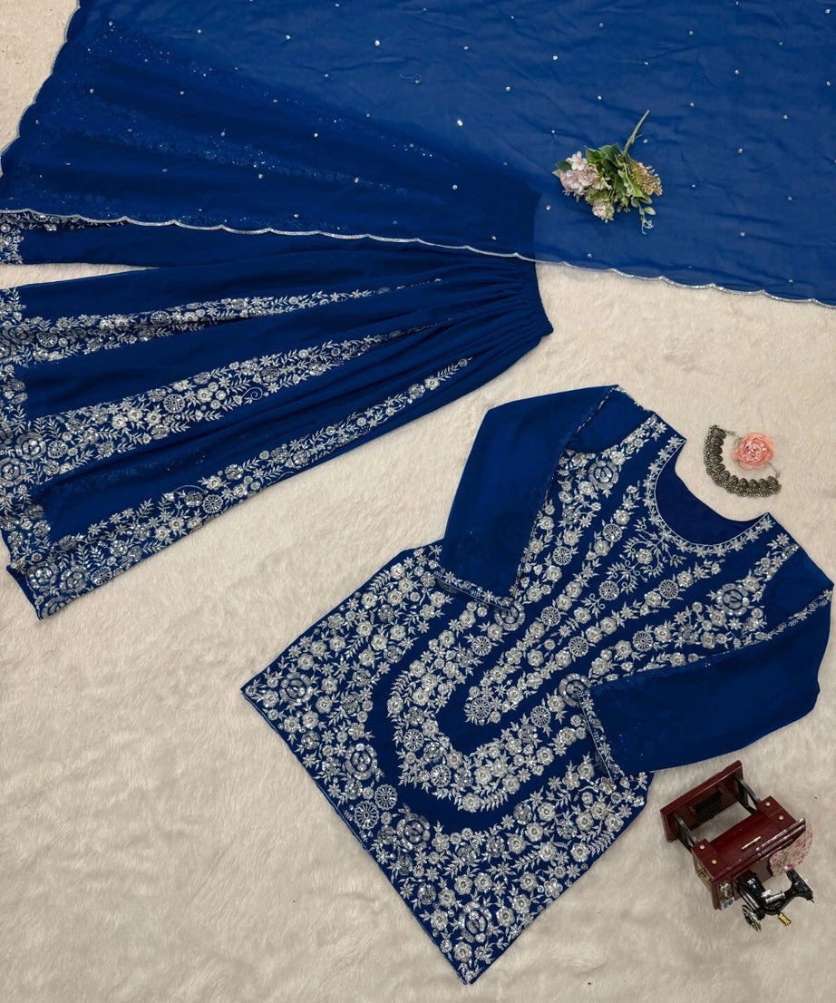 Full Stitched Faux Georgette Top Palazzo Dupatta