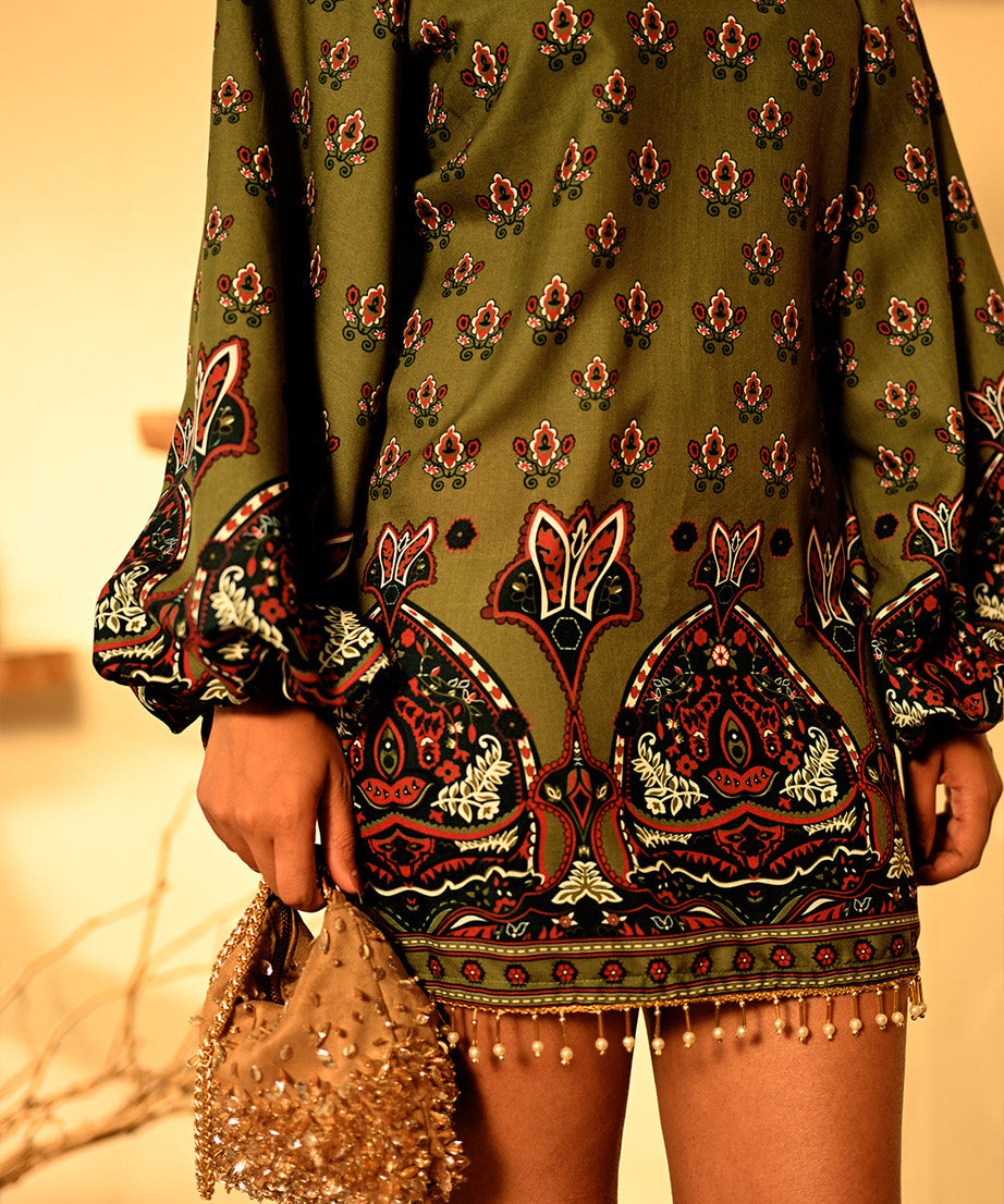 Olive Green Floral Tunic Dress Boho Chic Long Sleeve Mini Dress