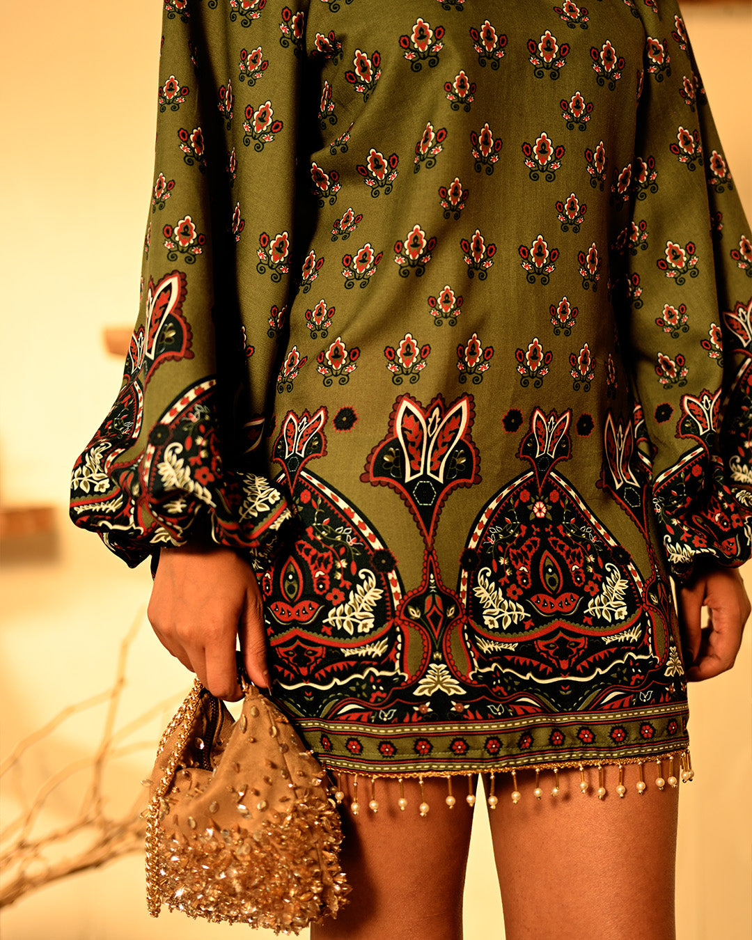 Olive Green Floral Tunic Dress Boho Chic Long Sleeve Mini Dress