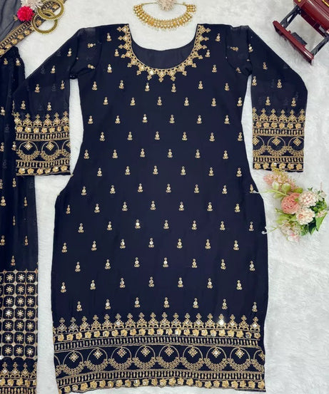 Faux Georgette With Thread & 9MM Sequence Work Top Palazzo & Duppata