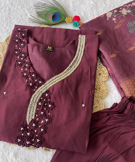 Trending Women's wear Full Stitched Premium Roman SilkTop Pant & Dupatta Set