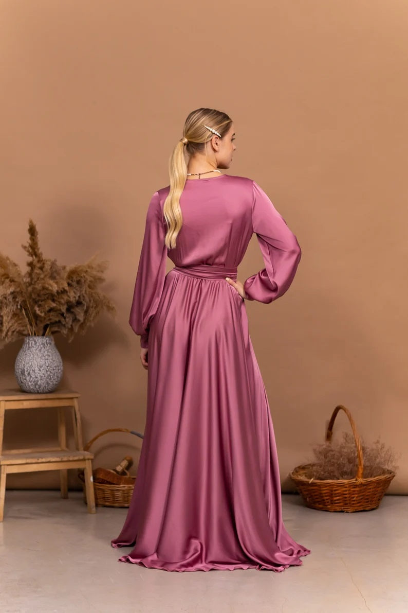 Elegant V-Neck Satin Maxi Dress - Flared A-Line Formal Gown