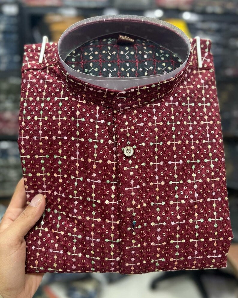 Men's Heavy Banglori Silk With Embroidery Sequence Work Kurta Pajama Set