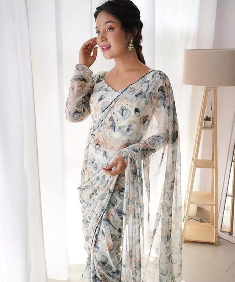 Premium Georgette With Fancy Lace Border Work Read To Wear Sari With Blouse