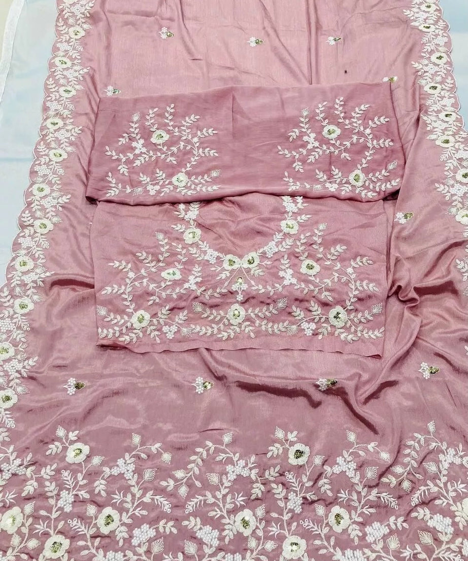 Pink Pure Chinon Silk With Embroidery Work Sari & Blouse