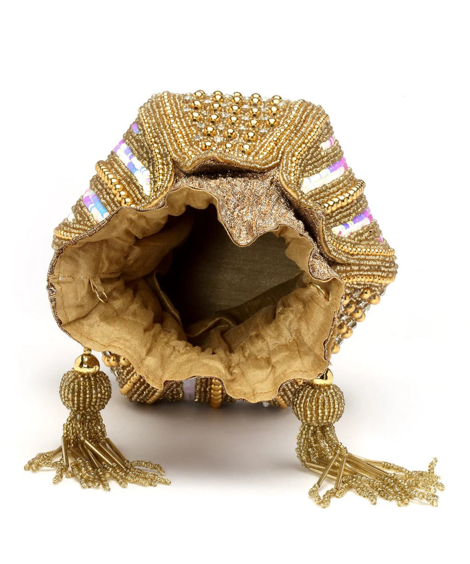 Lotus Stone Work Embellished Faux Silk Potli Bag