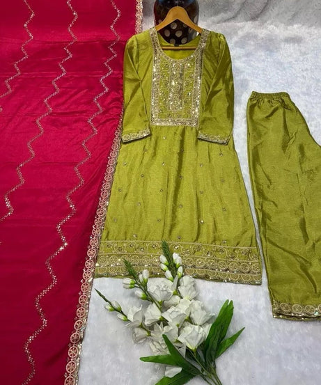 Function Beautiful Full Stitched Heavy Pure Chinon Kurti Bottom Dupatta