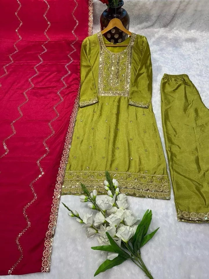 Function Beautiful Full Stitched Heavy Pure Chinon Kurti Bottom Dupatta