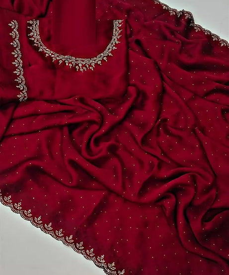 Traditional Wedding Pure Soft Satin Chiffon Saree,Stylish Sari And Blouse