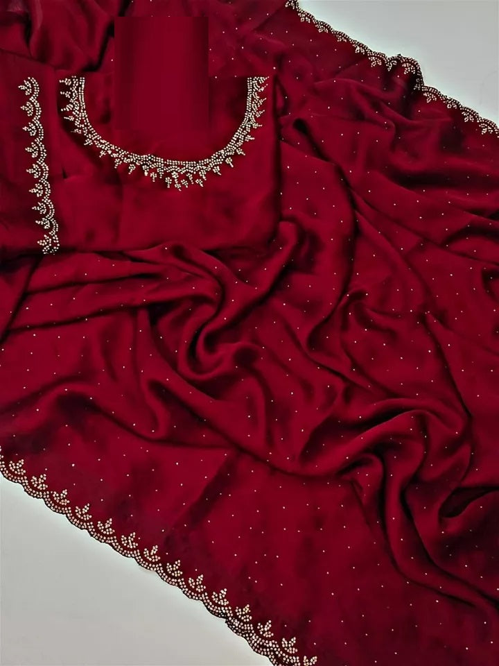 Traditional Wedding Pure Soft Satin Chiffon Saree,Stylish Sari And Blouse