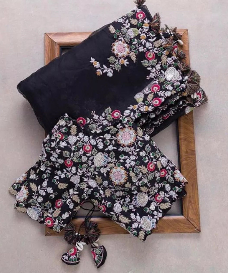 Georgette Embroidery Work Saree With Blouse,Party Wear Designer Saree