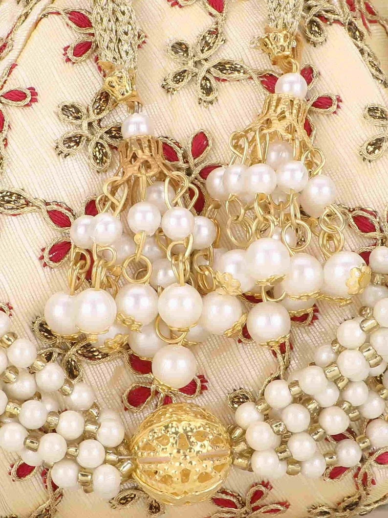 Lotus Floral Embroidered Faux Silk Potli Handbag