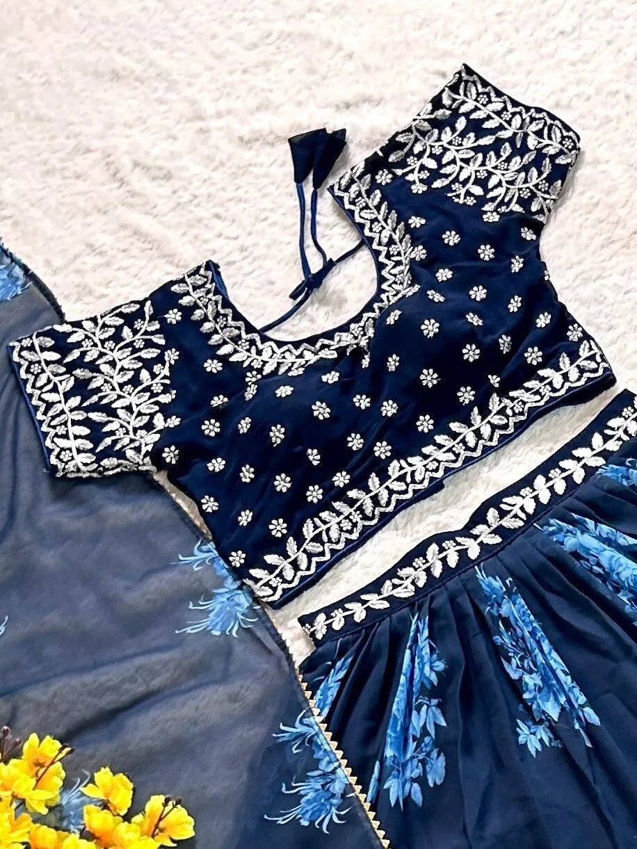 Georgette With Designer Printed Work Lehenga  Blouse Dupatta