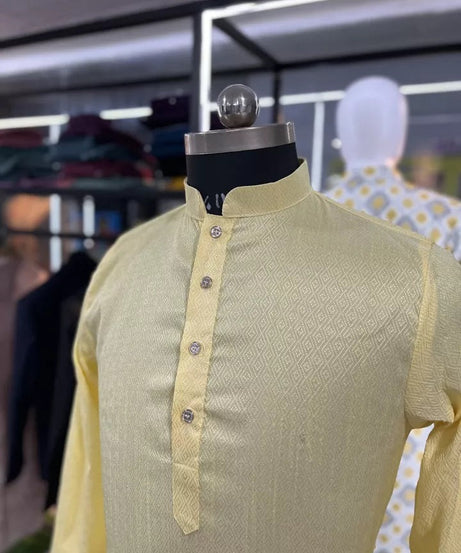 Traditional Wedding Wear Soft Jacquard Silk Stitched Kurta Pajama For Men's