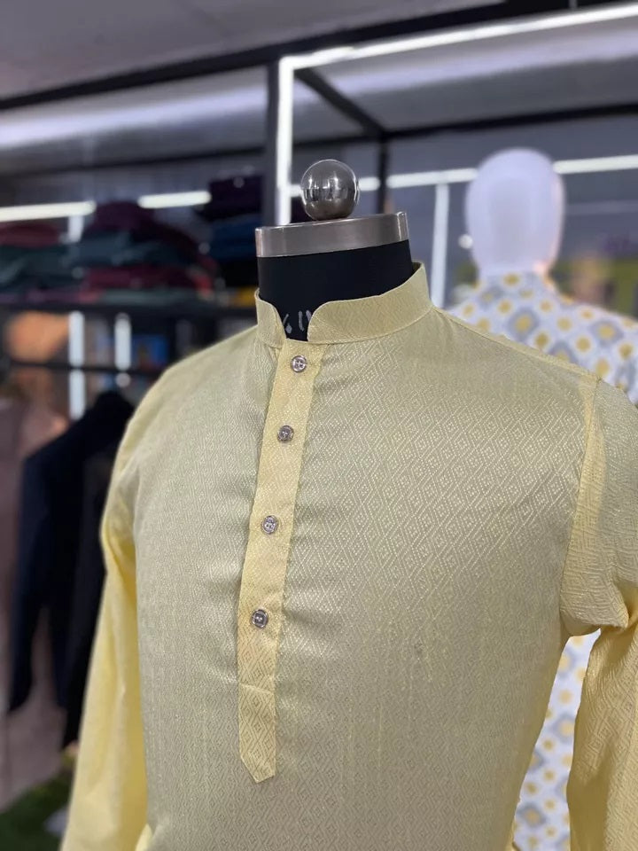 Traditional Wedding Wear Soft Jacquard Silk Stitched Kurta Pajama For Men's