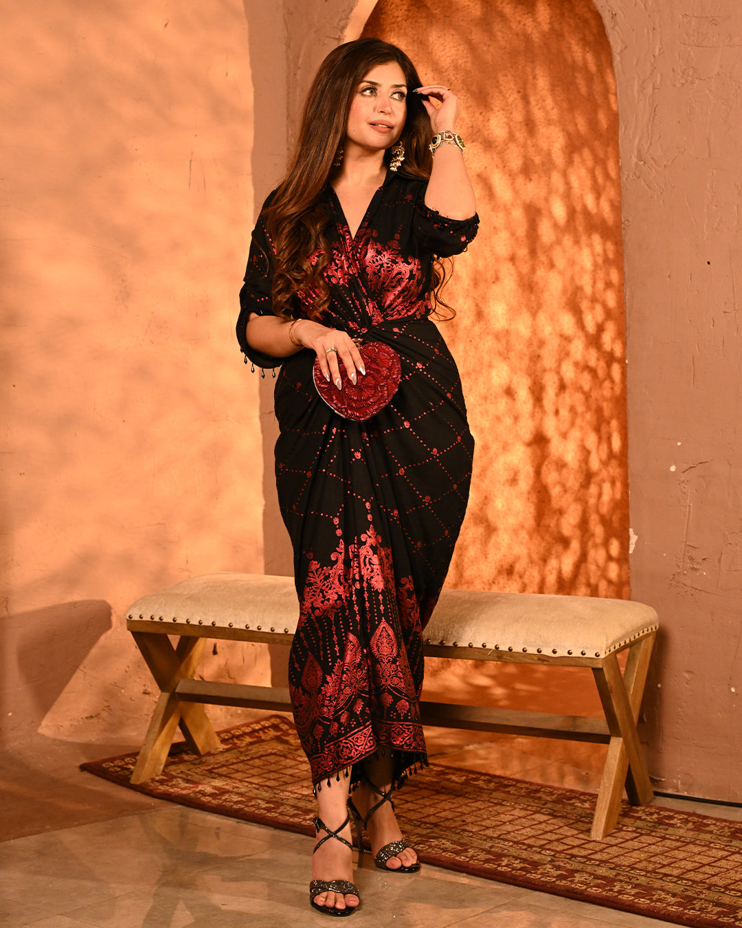 Black Red Printed Kaftan Dress for Women Luxury Resort Wear