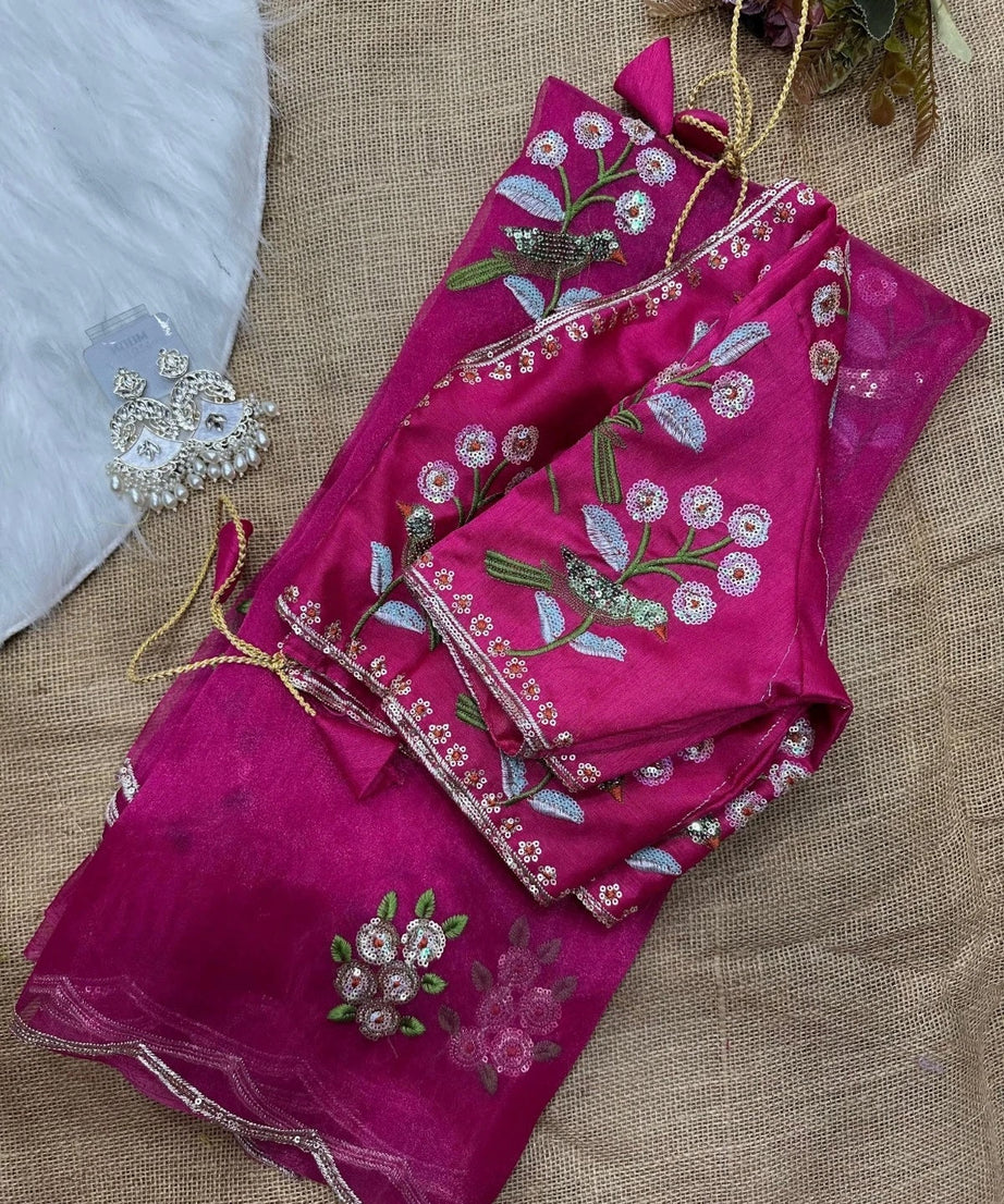 Soft Organza Saree With Embroidery Sequence Work Sari With Blouse