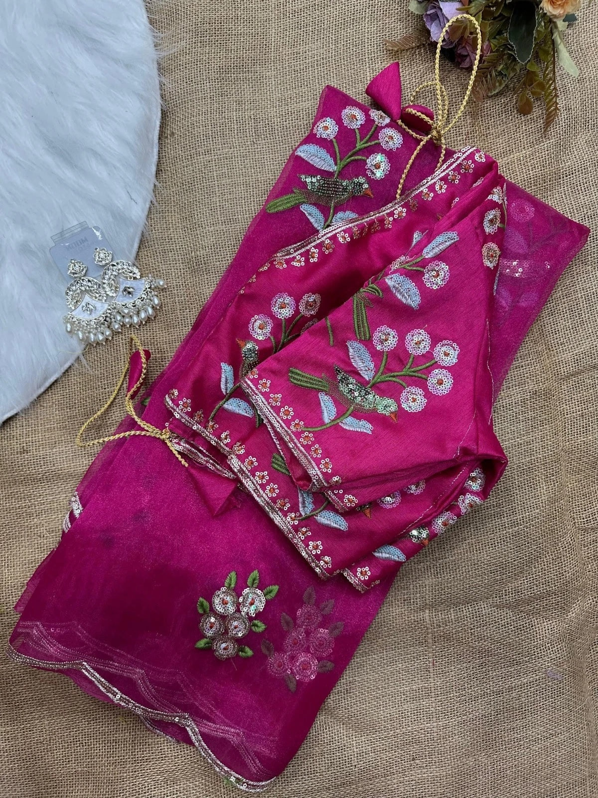 Soft Organza Saree With Embroidery Sequence Work Sari With Blouse