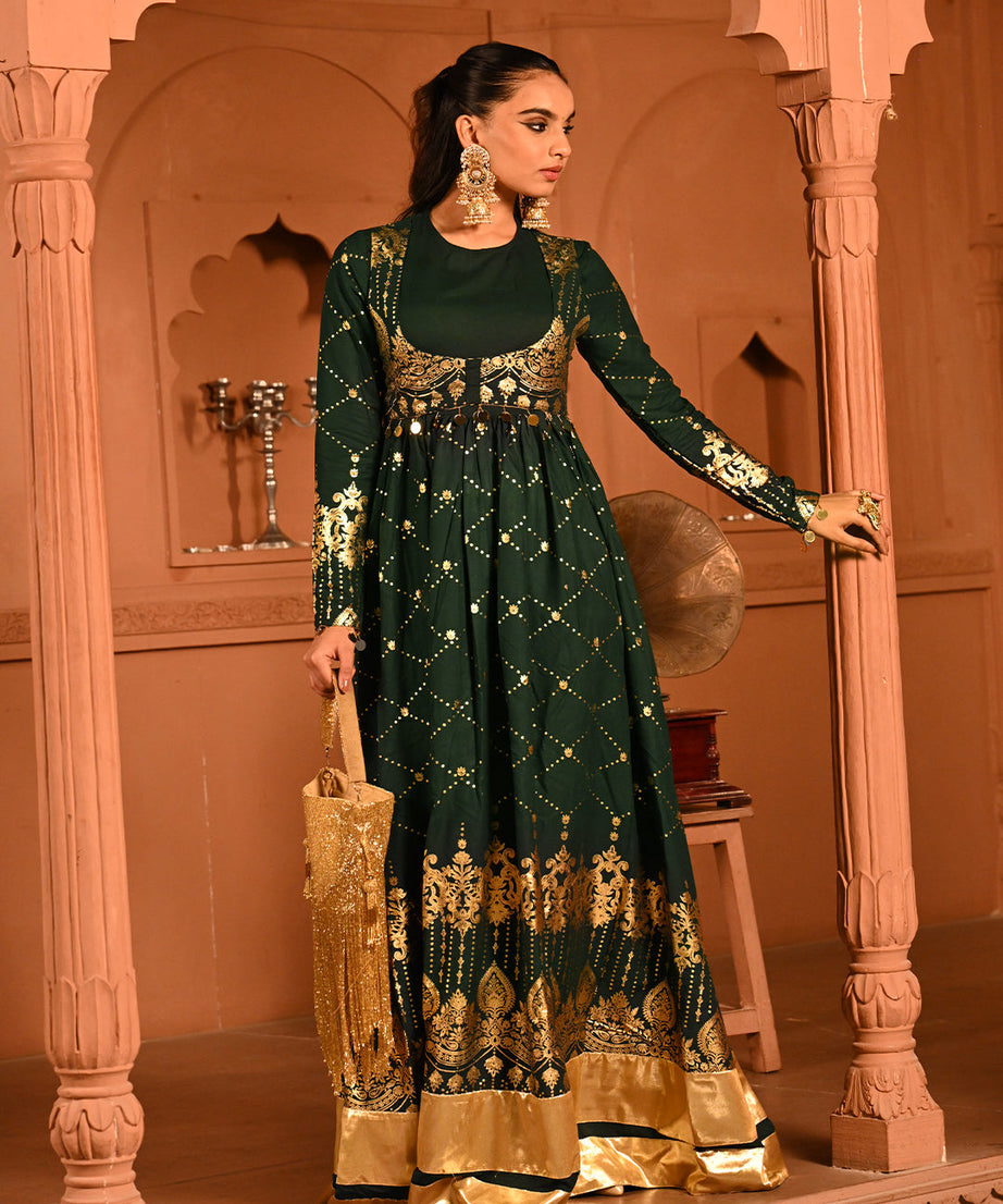 Luxury Emerald Green Gold Embroidered Anarkali Dress For Women(3XL)