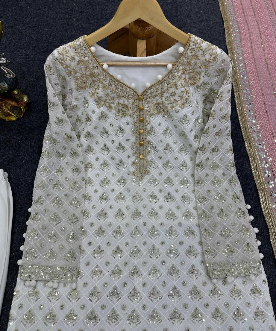 Faux Georgette Traditional Style Top Pant & Dupatta Set