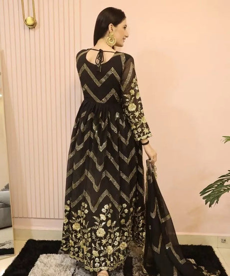 Fox Georgette With Embroidery Work With Full Sleeve Gown Bottom Dupatta Set