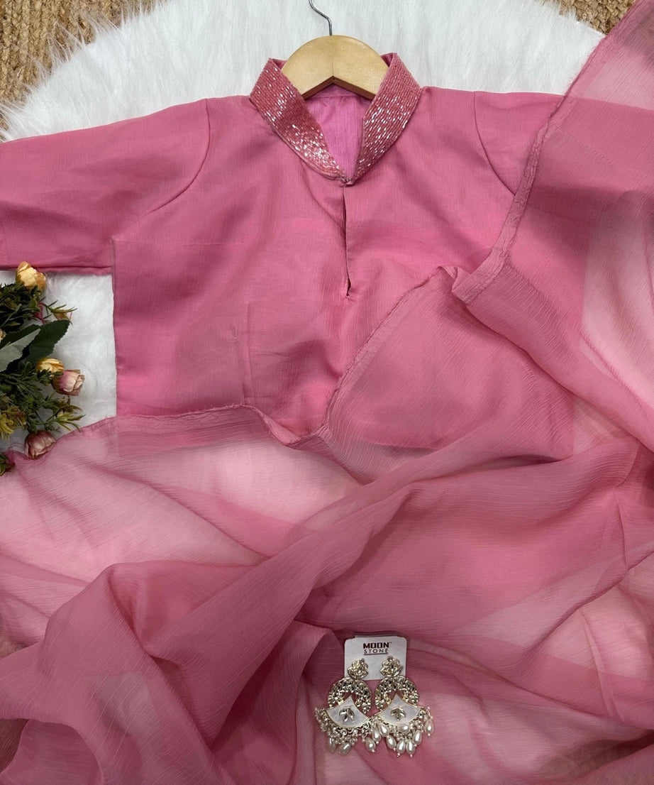 Fancy Soft Pure Chiffon Pink Beautiful Saree With Blouse