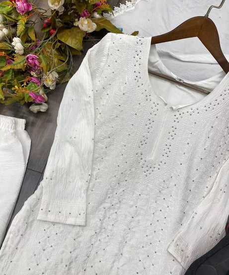 Cotton With Embroidery Diamond Work Top Palazzo Dupatta Set