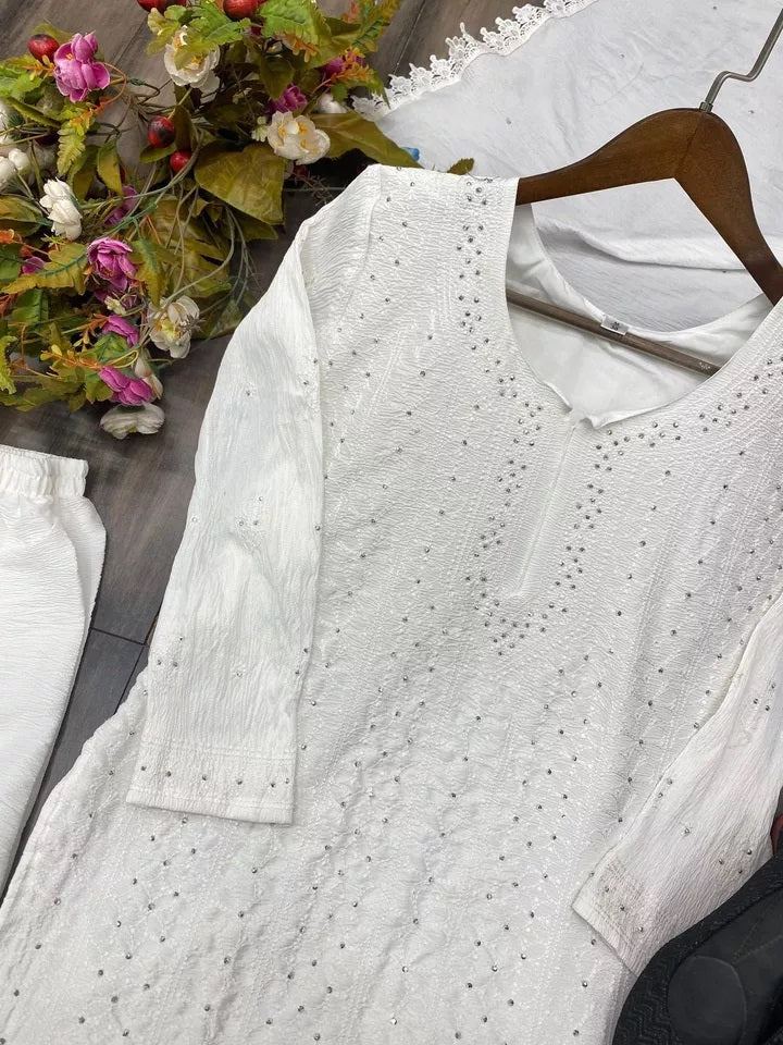 Cotton With Embroidery Diamond Work Top Palazzo Dupatta Set