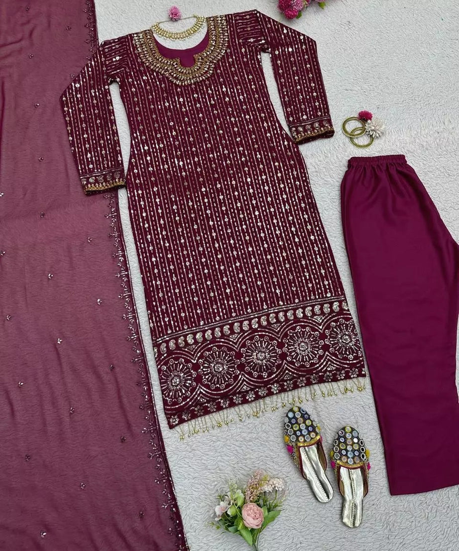 Georgette Function Style Top Pant With Dupatta Set