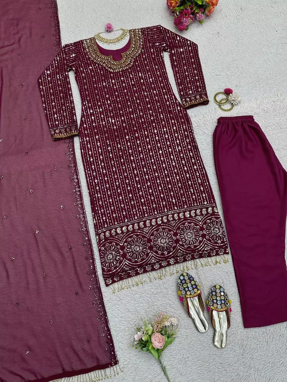 Georgette Function Style Top Pant With Dupatta Set