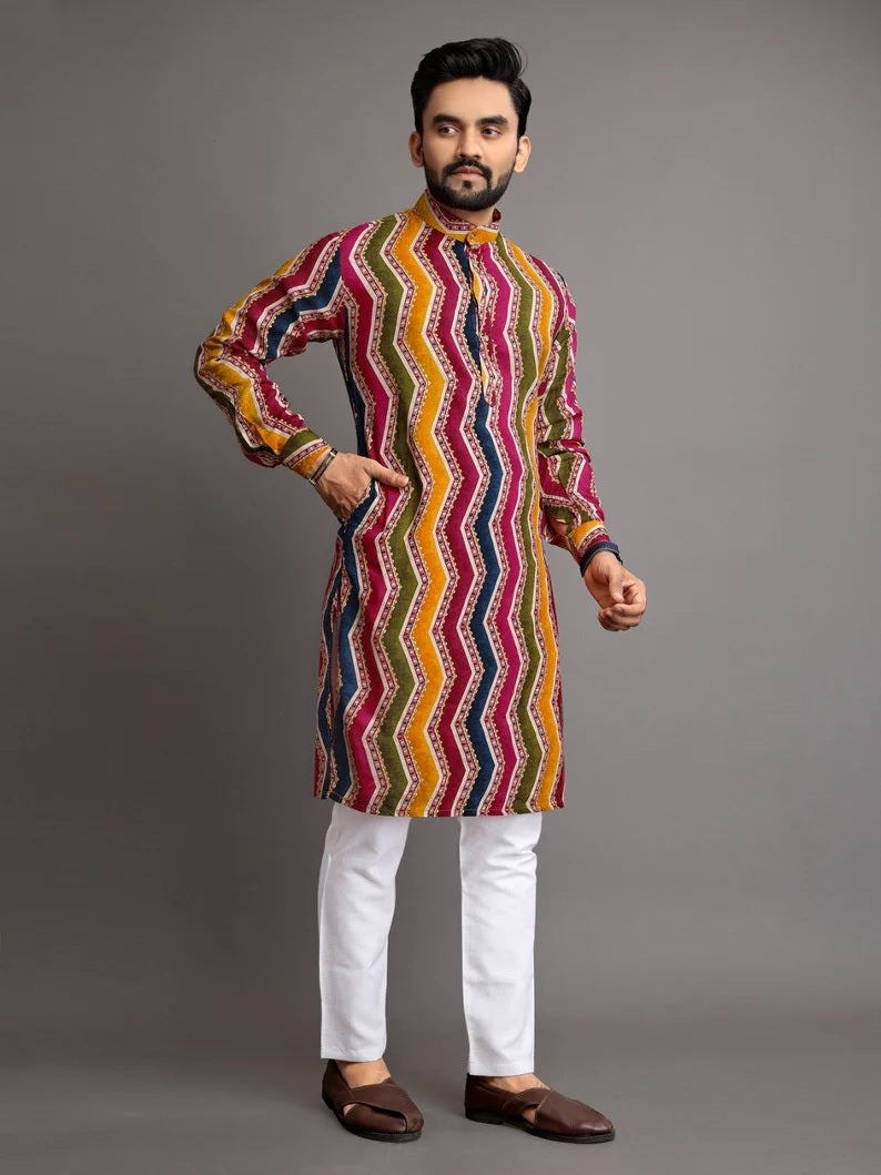 Men's Premium Soft Cotton Foil Print Kurta Pajjama Set