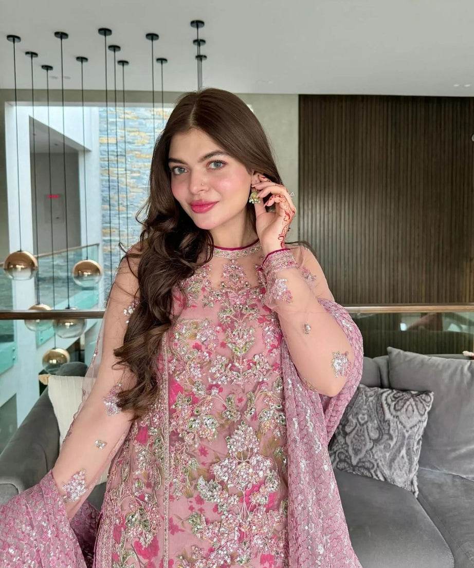 Butterfly Net With Thread & Sequence Work Bollywood Style Top Lehenga & Dupatta