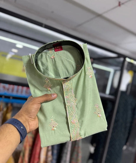 Traditional Silk Embroidery Kurta With Cotton Pajama Set For Men's, Wedding Wear Kurta Set