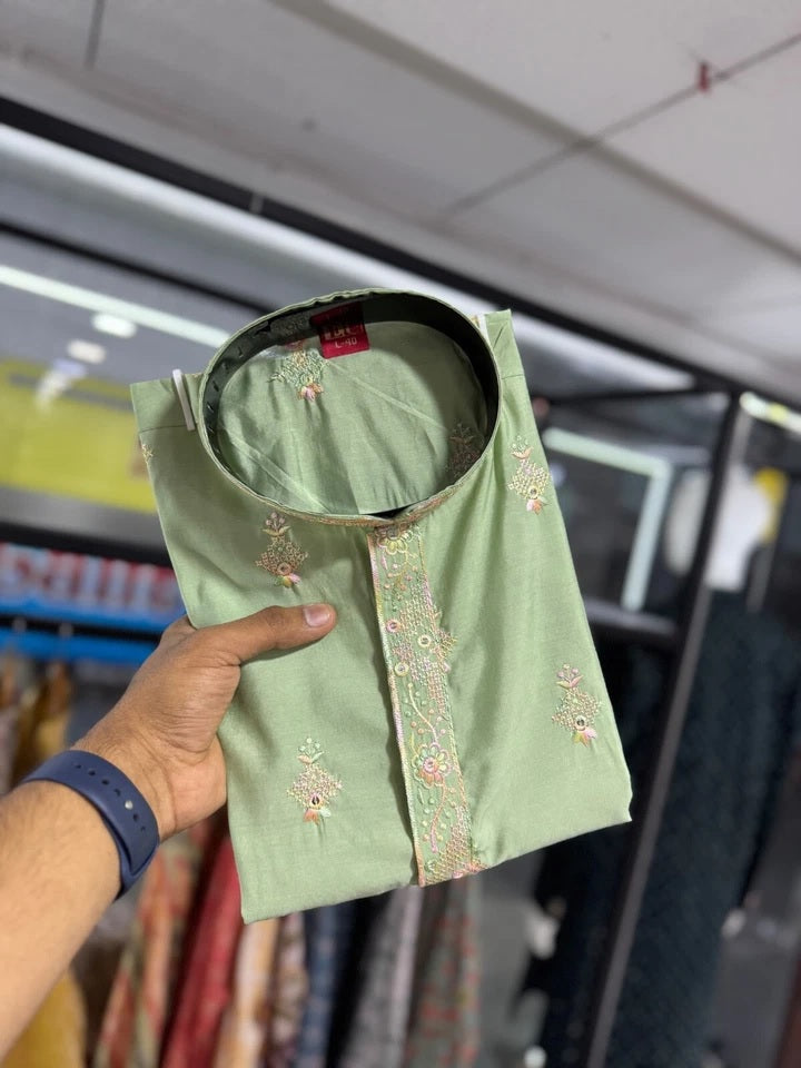 Traditional Silk Embroidery Kurta With Cotton Pajama Set For Men's, Wedding Wear Kurta Set