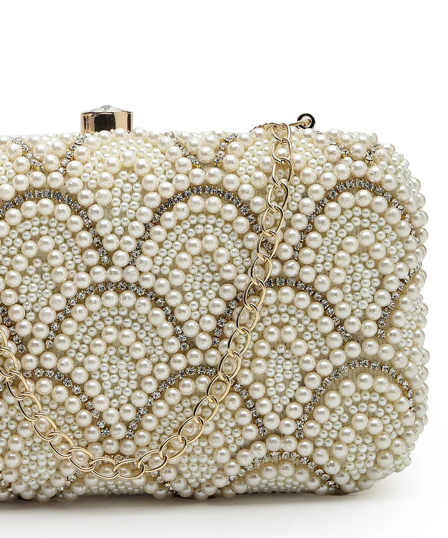 Pearl Embellished Corduroy Clutch